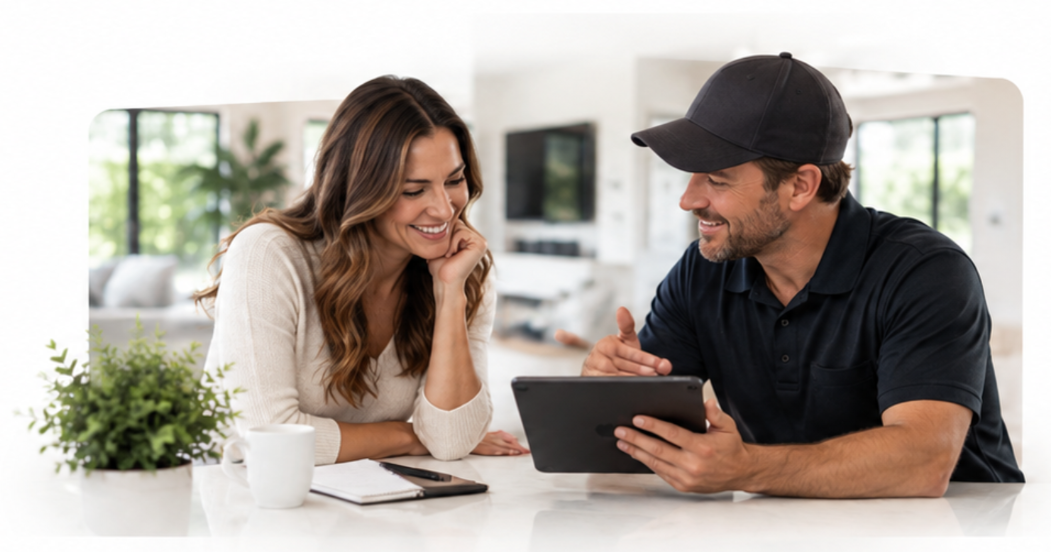 A Cabling.com Pro walking a homeowner through her project on a tablet