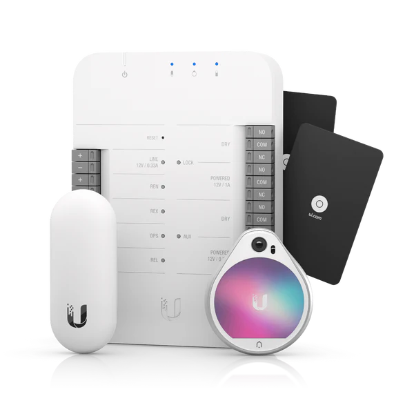 A UniFi Access starter kit with reader, hub and access cards