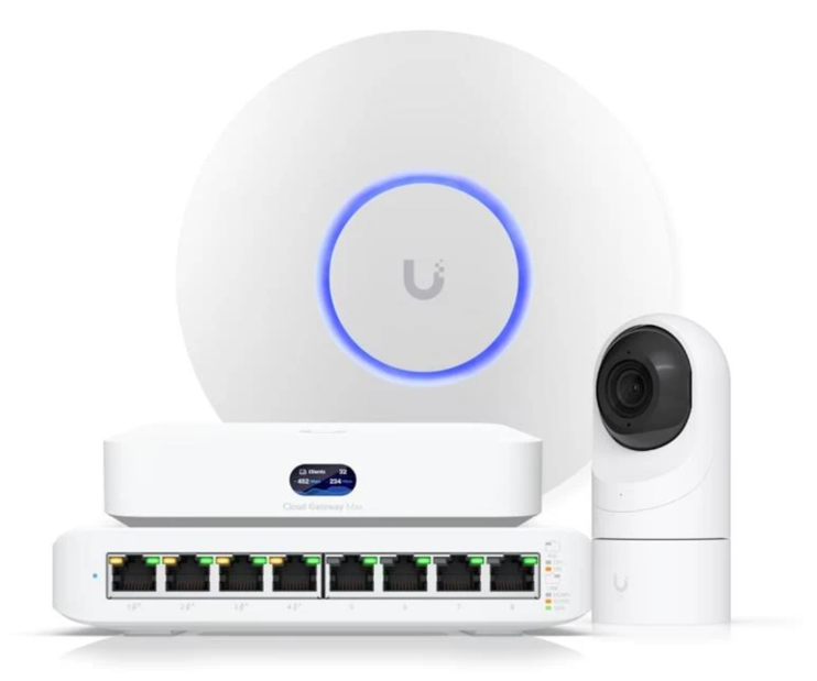 UniFi Cloud Gateway, ceiling access point, PoE switch and camera