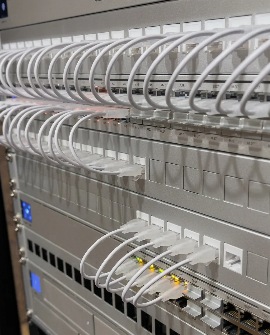A UniFi patch panel with neatly dressed white Ethernet patch leads