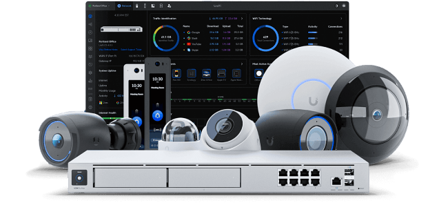 A UniFi Dream Machine with cameras and the UniFi dashboard