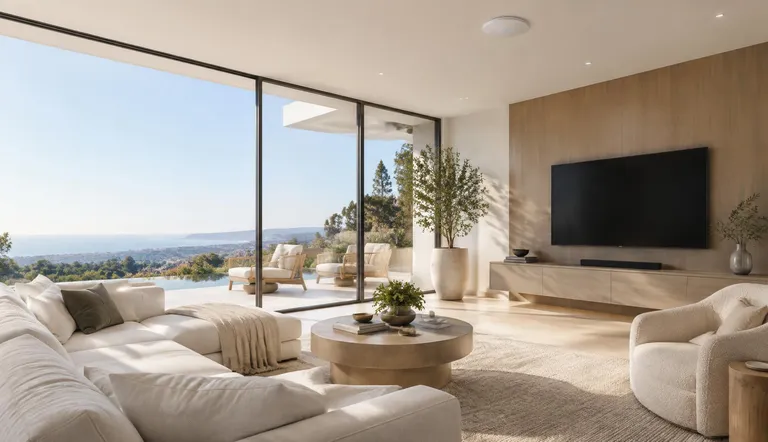 Modern living room with thoughtfully integrated home technology